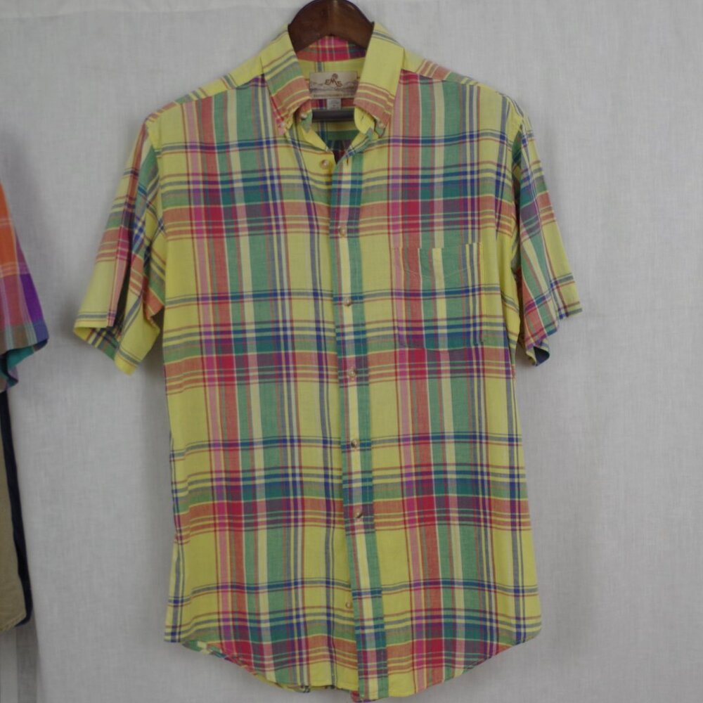 2 USA Made EMS Short Sleeve Madras Plaid Cotton Button Down Collared Shirts - Picture 12 of 12